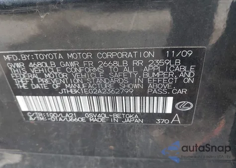 2010 Lexus Es 350 from USA, damaged, VIN JTHBK1EG2A2362799